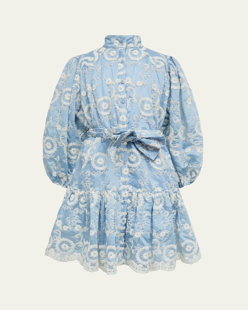Girl's Mila Floral-Embroidered Flounce Mini Shirtdress, Size 4-16